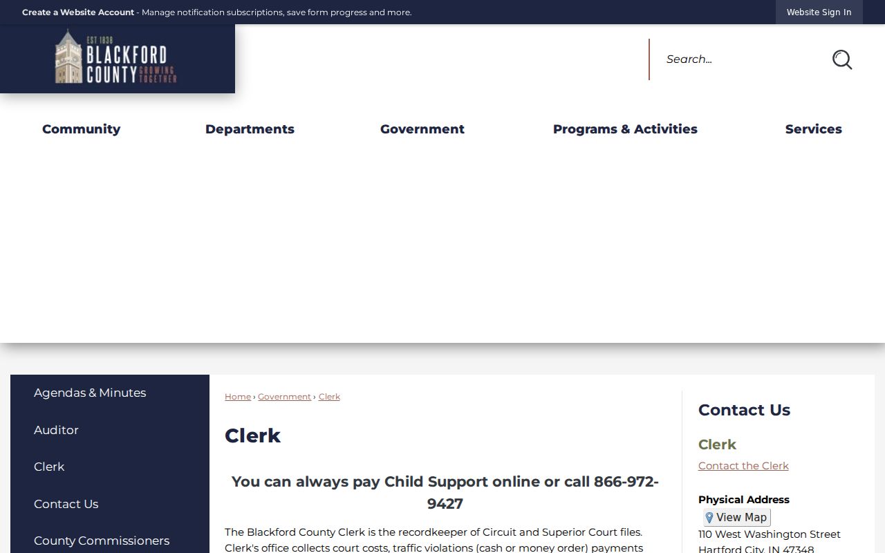 Blackford County warrant records Clerk contact and court cost page