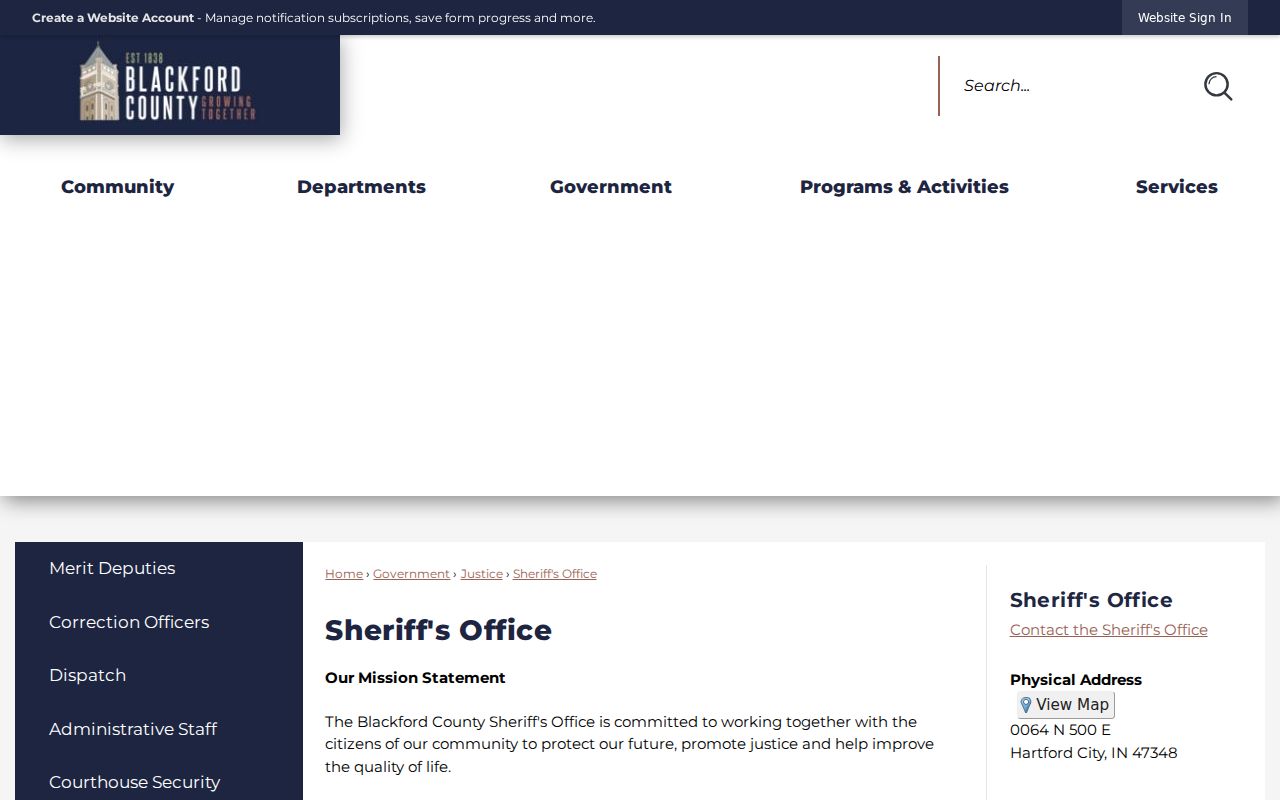 Blackford County warrant records Sheriff Office contact page